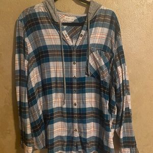 Button up light weight flannel with hood.